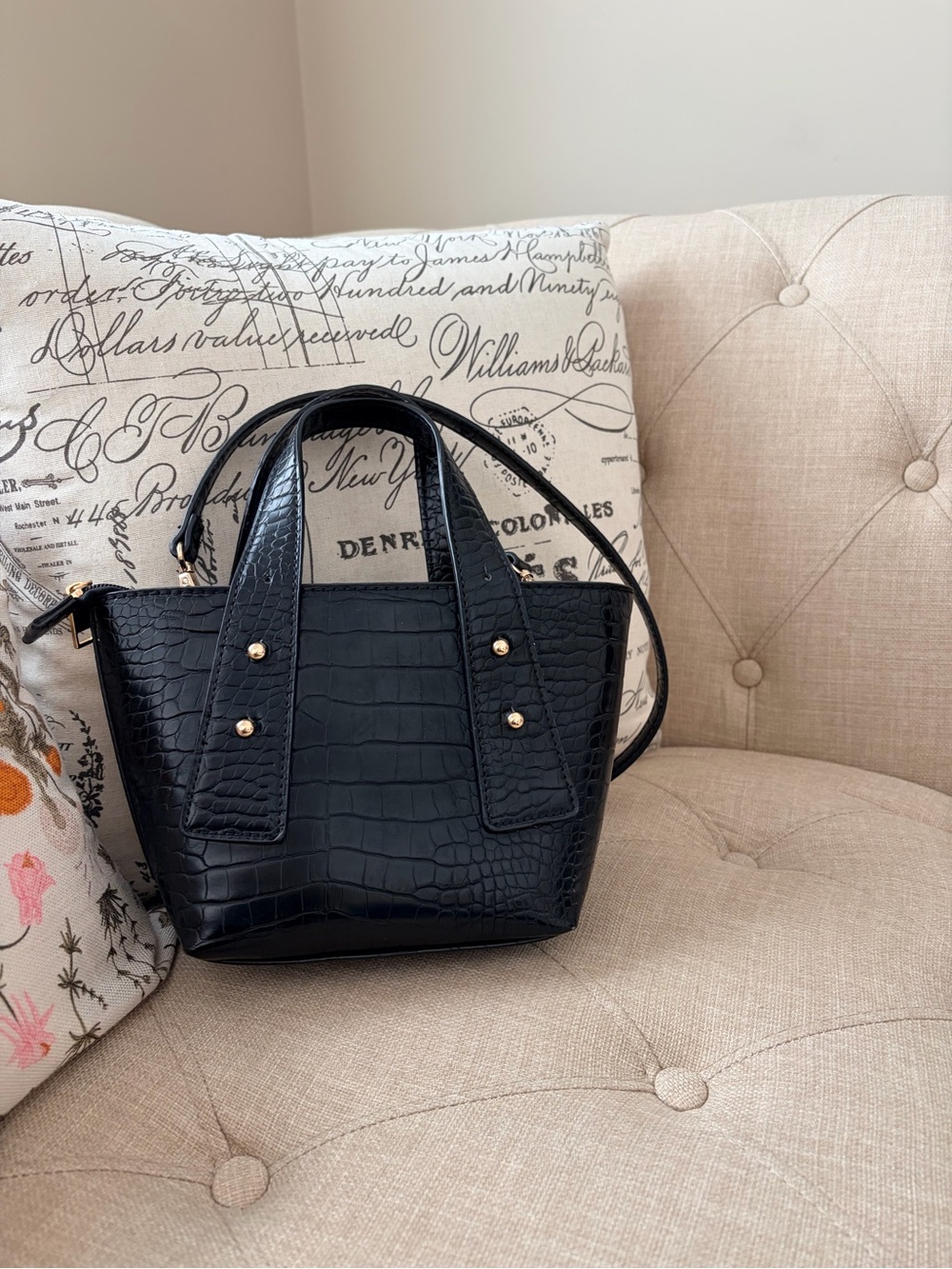 Moda Luxe Black Croc-Embossed Mini Tote with Gold Studs